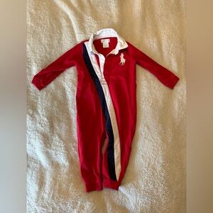 Ralph Lauren Red One-Piece with Navy & White Stripe, Size 12 months, snaps